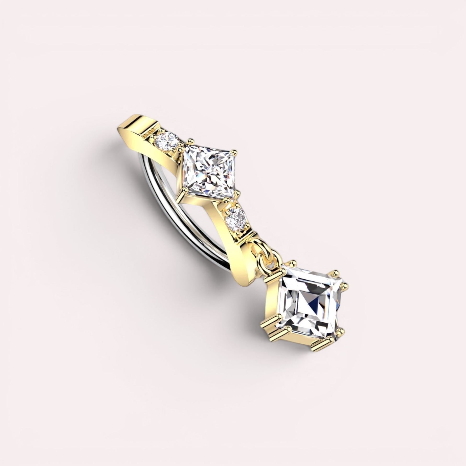MKBodyJewelry gold-plated stainless steel dangling belly button ring with square CZ gems and clicker closure.