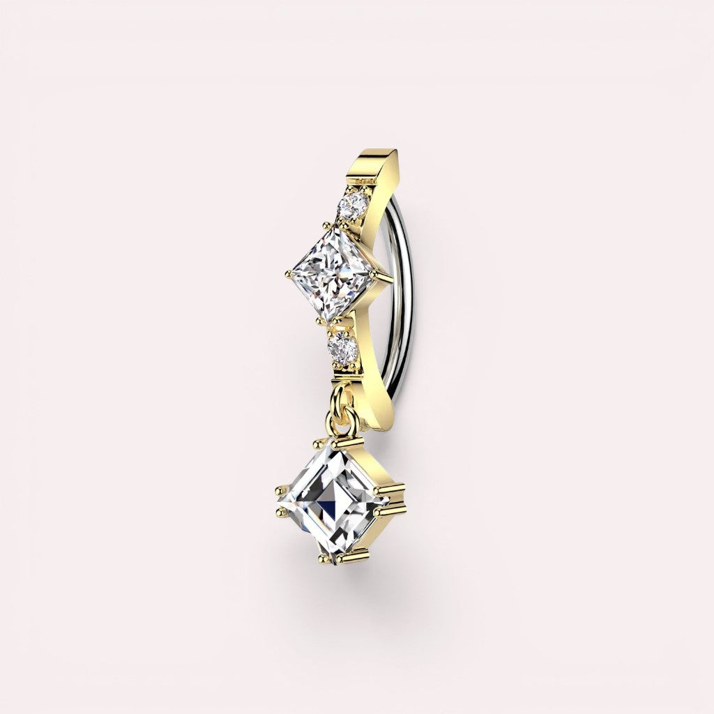 MKBodyJewelry gold dangling belly button ring with princess-cut CZ gems, 14G, 10mm bar, stainless steel clicker
