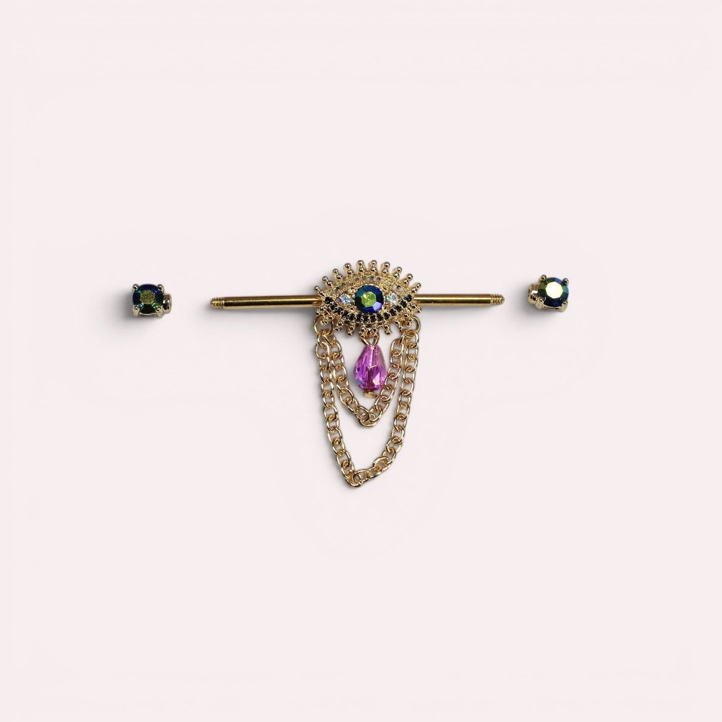 MKBodyJewelry gold surgical steel industrial barbell with evil eye charm, blue & green gems, and pink teardrop pendant.