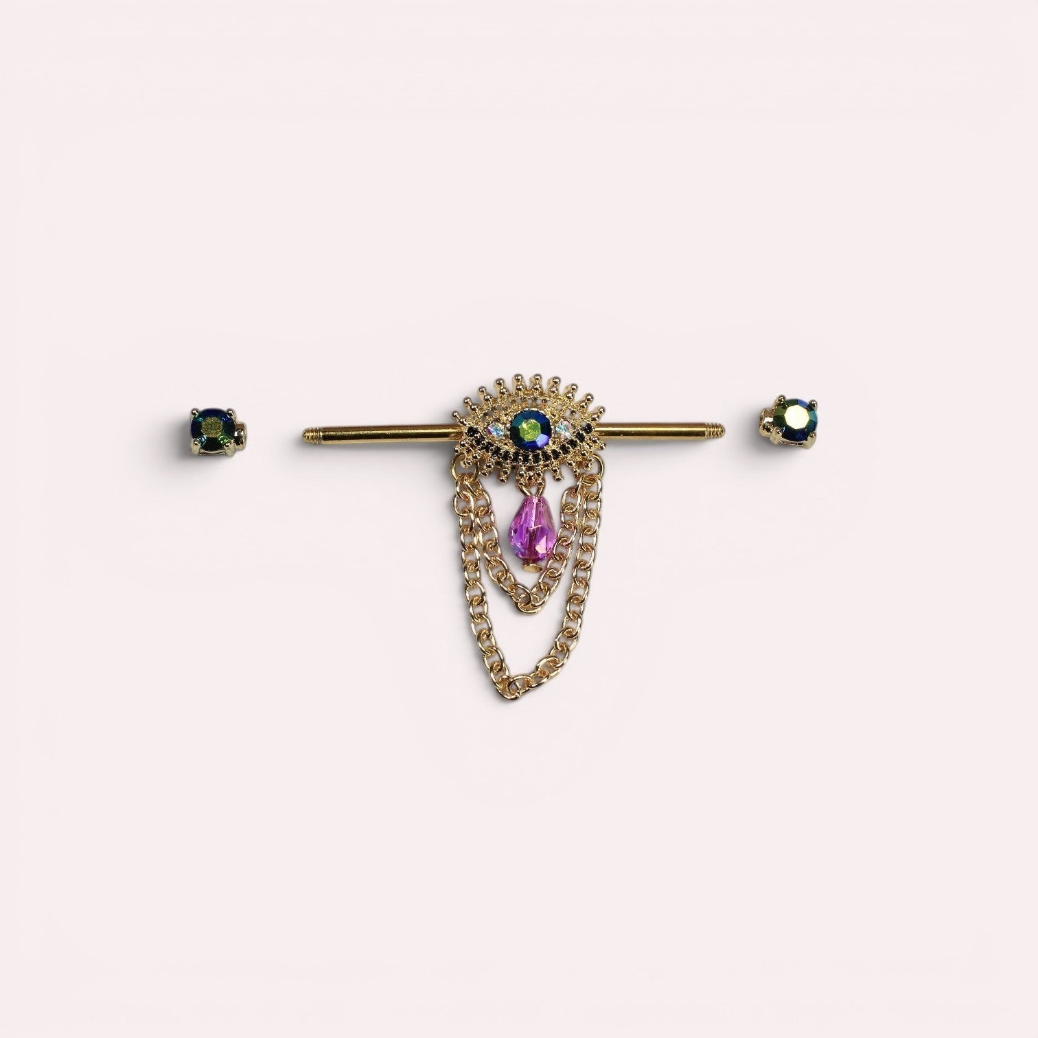 MKBodyJewelry gold surgical steel industrial barbell with evil eye charm, blue & green gems, and pink teardrop pendant.