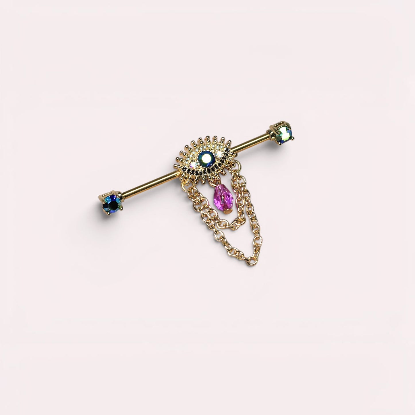 MKBodyJewelry gold surgical steel industrial barbell with evil eye charm and purple dangle.