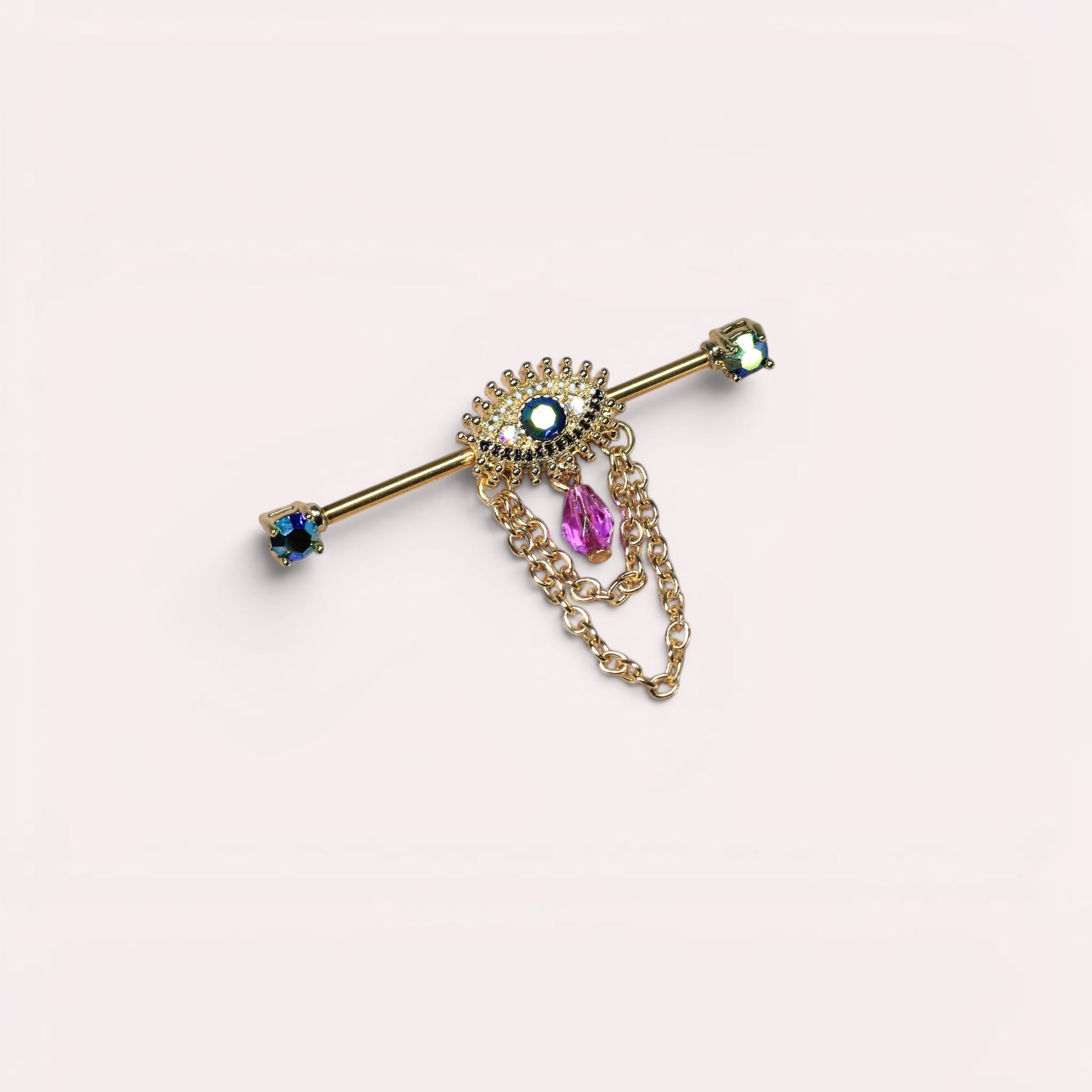 MKBodyJewelry gold surgical steel industrial barbell with evil eye charm and purple dangle.