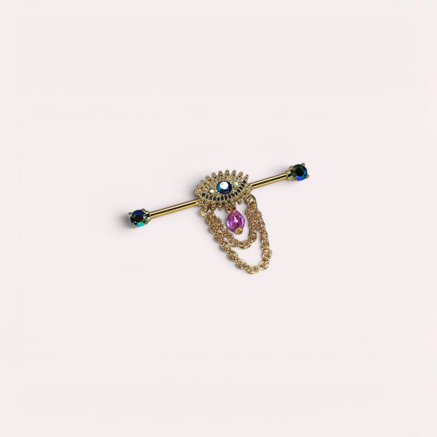 MKBodyJewelry gold surgical steel industrial barbell with dangling evil eye charm and purple bead.