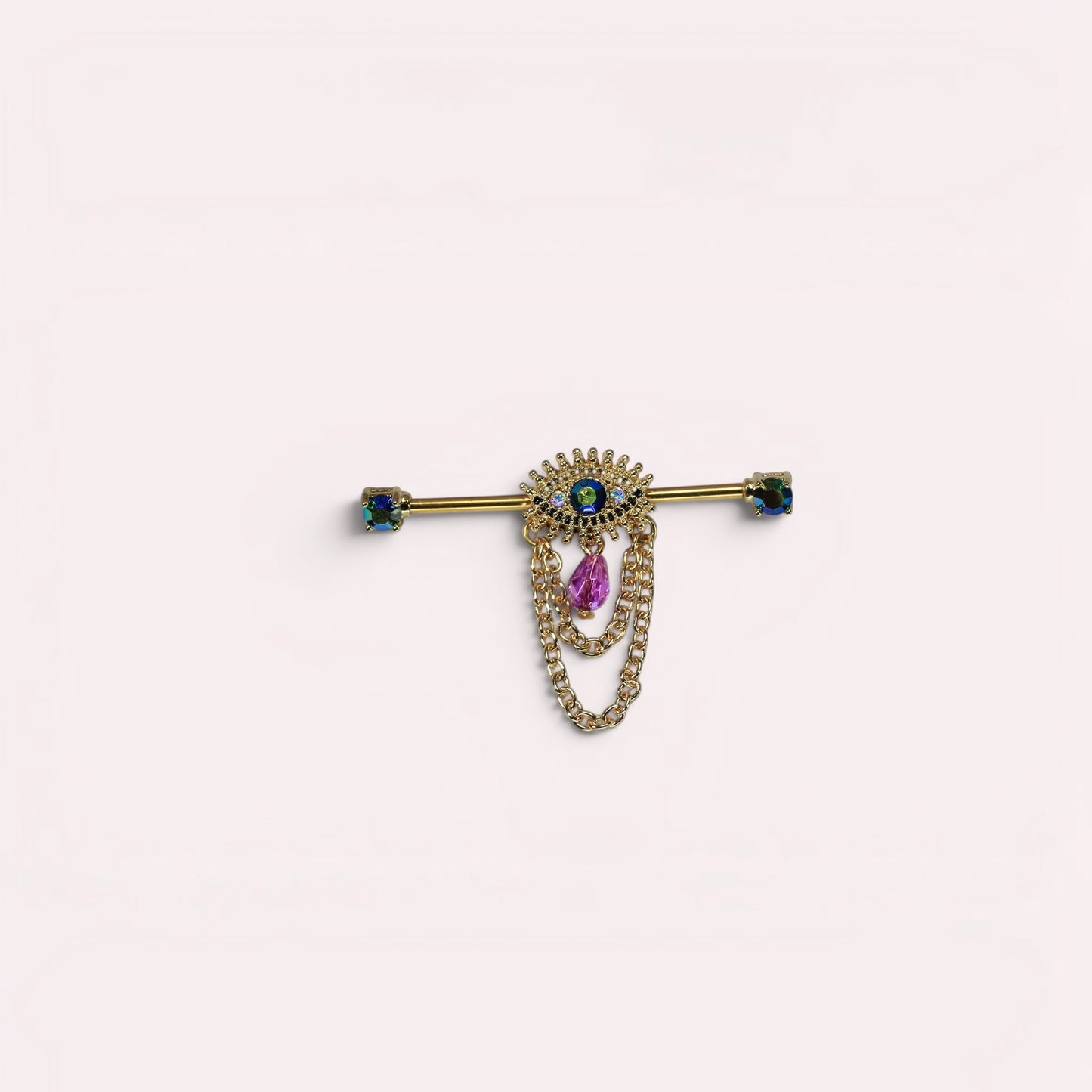 MKBodyJewelry gold surgical steel industrial barbell with dangling evil eye charm and purple teardrop gem.