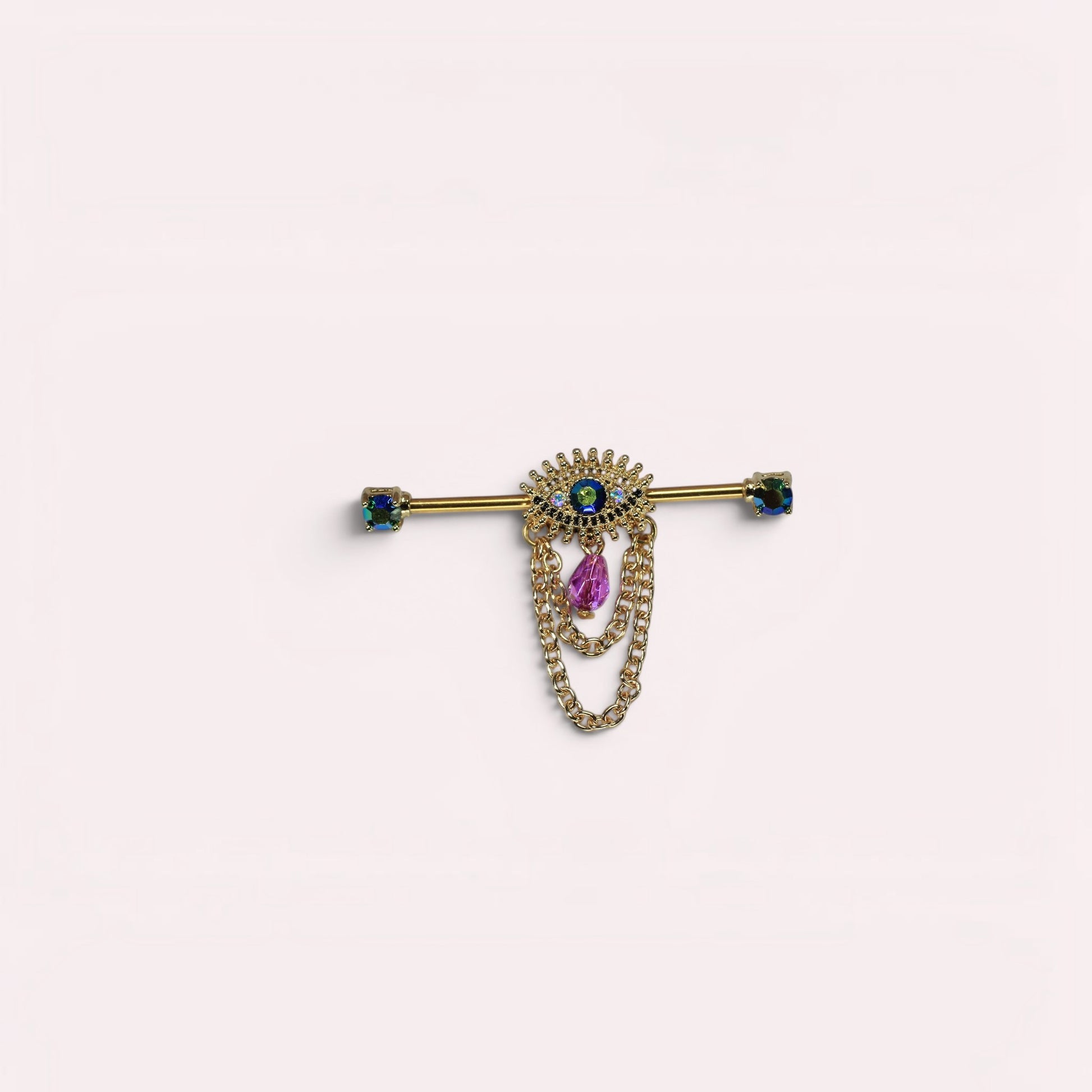MKBodyJewelry gold surgical steel industrial barbell with dangling evil eye charm and purple teardrop gem.