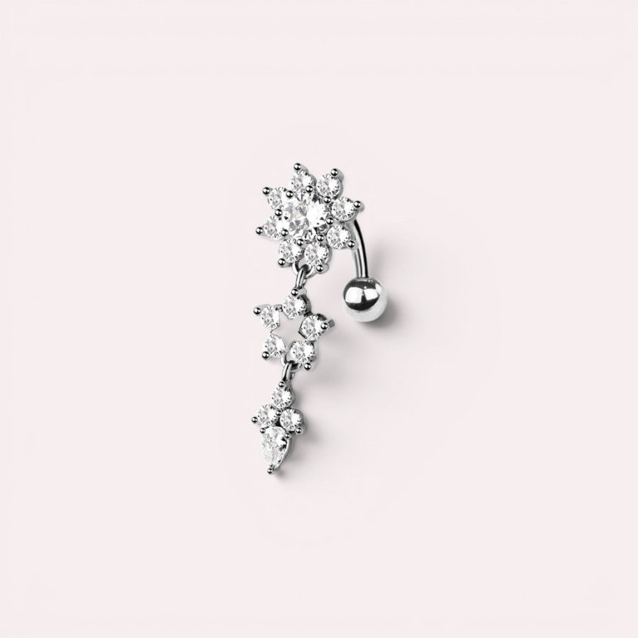 MKBodyJewelry silver-tone dangling navel ring featuring a floral motif, star charm, and sparkling cubic zirconia.