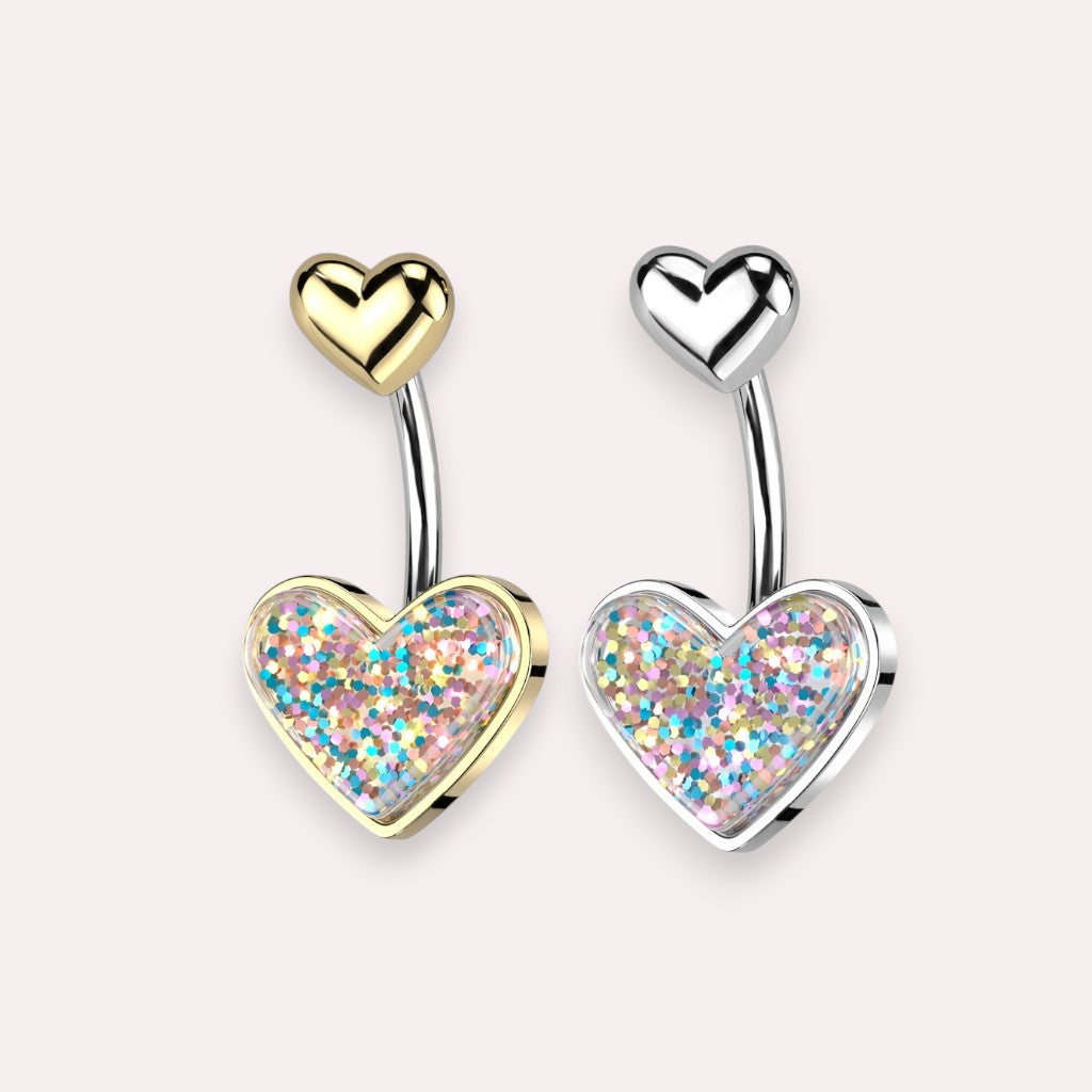 MKBodyJewelry 14G surgical steel belly button rings with gold and silver glitter heart charms for navel piercings.