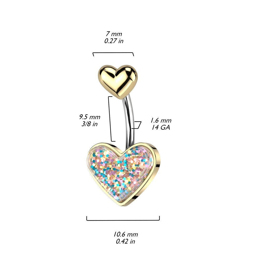 MKBodyJewelry 14G surgical steel belly button ring with a gold glitter heart charm and technical dimension labels.