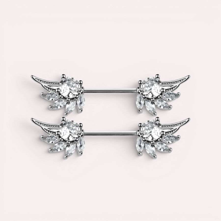 MKBodyJewelry 14g gold angel wing nipple barbell with clear cubic zirconia. Surgical steel and titanium.