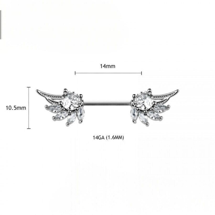 MKBodyJewelry 14g gold angel wing nipple barbell piercing with clear crystals. Surgical steel and titanium construction.