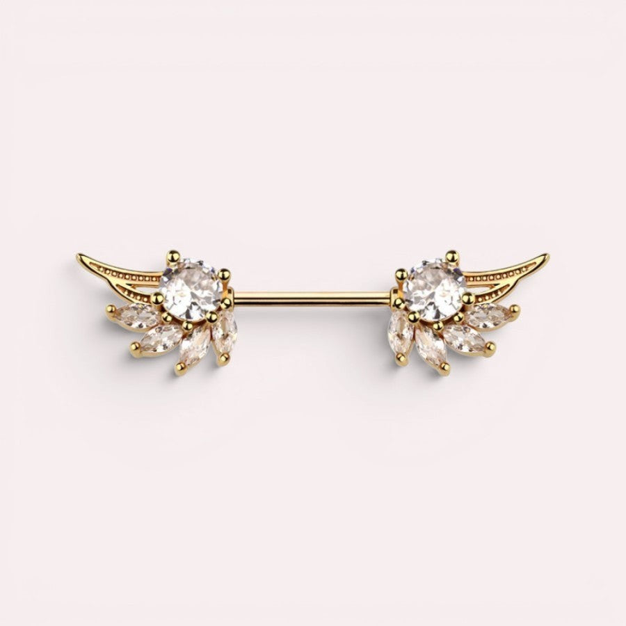 MKBodyJewelry 14g gold angel wing nipple barbell with clear crystals. Surgical steel and titanium construction.
