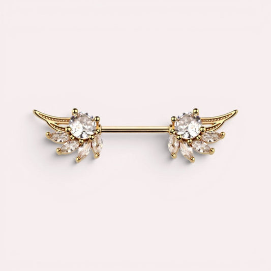 MKBodyJewelry 14g gold angel wing nipple barbell with clear crystals. Surgical steel and titanium construction.