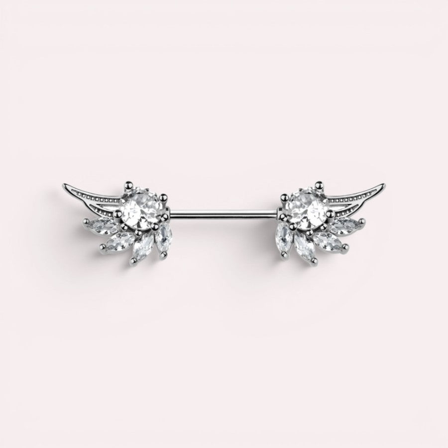 MKBodyJewelry 14g gold angel wing nipple barbell piercing with clear cubic zirconia. Surgical steel and titanium.