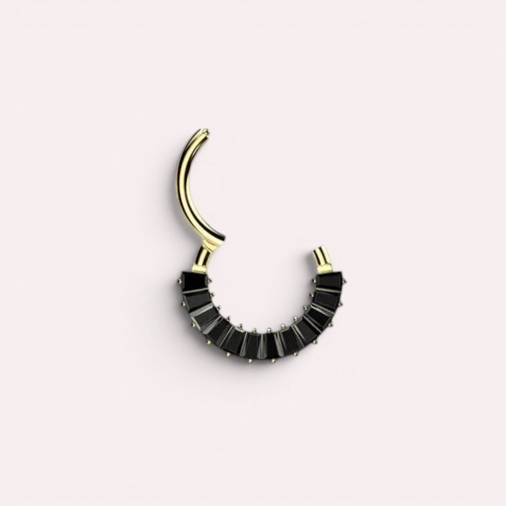 MKBodyJewelry gold hinged segment ring with black baguette-cut stones for septum, daith, or helix piercings.