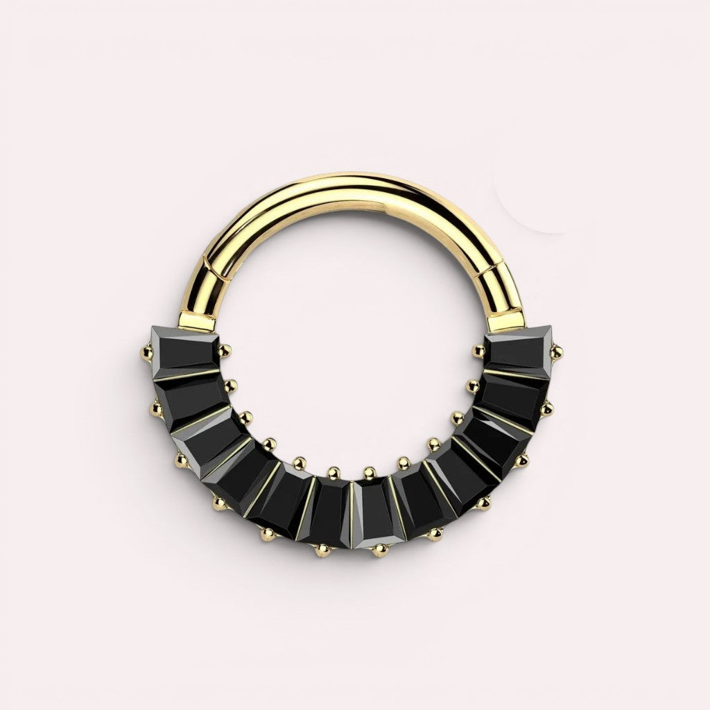 MKBodyJewelry gold hinged segment ring featuring black baguette-cut stones for septum, daith, or helix piercings.