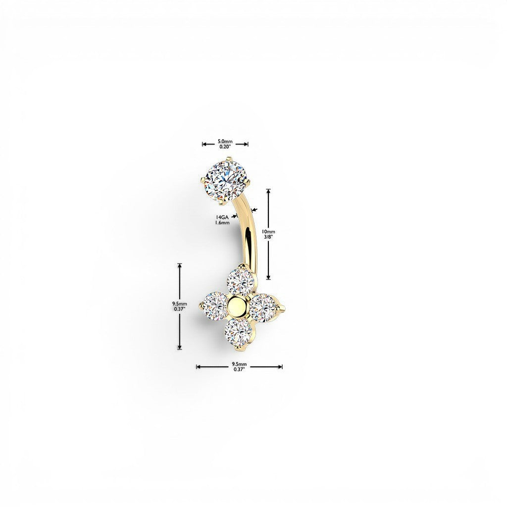 MKBodyJewelry gold belly button ring with four petal flower design adorned with cubic zirconia stones.