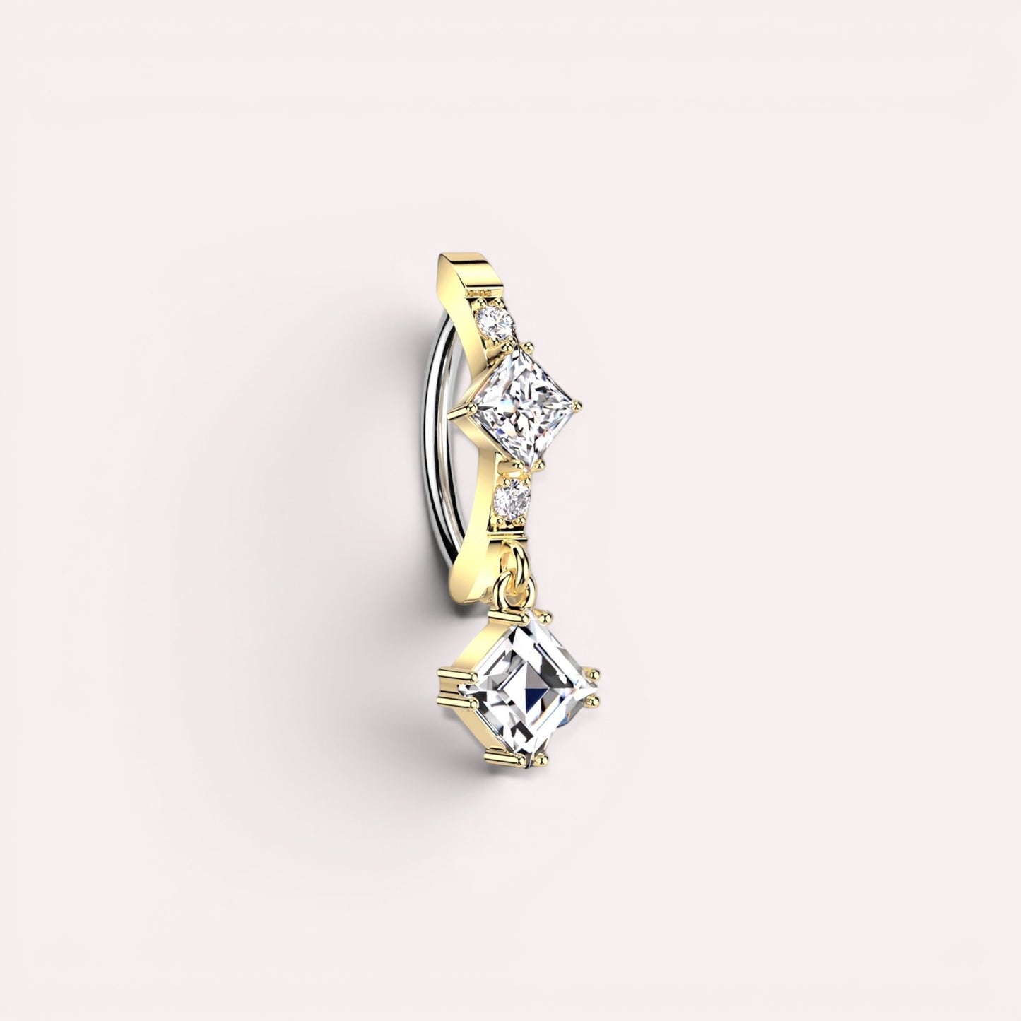 MKBodyJewelry gold dangling belly button ring with princess-cut CZ gems, 14G stainless steel clicker.