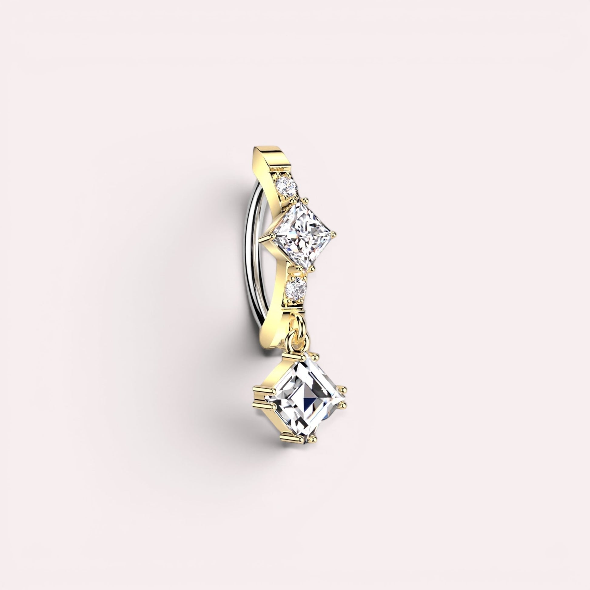 MKBodyJewelry gold dangling belly button ring with princess-cut CZ gems, 14G stainless steel clicker.