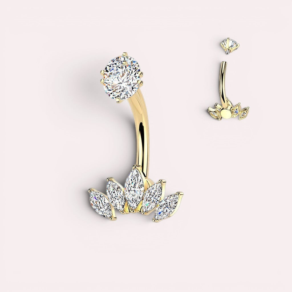 MKBodyJewelry gold-tone belly button ring with cubic zirconia gems. Features a curved barbell with a top gem and a dangling fan of marquise-cut stones.