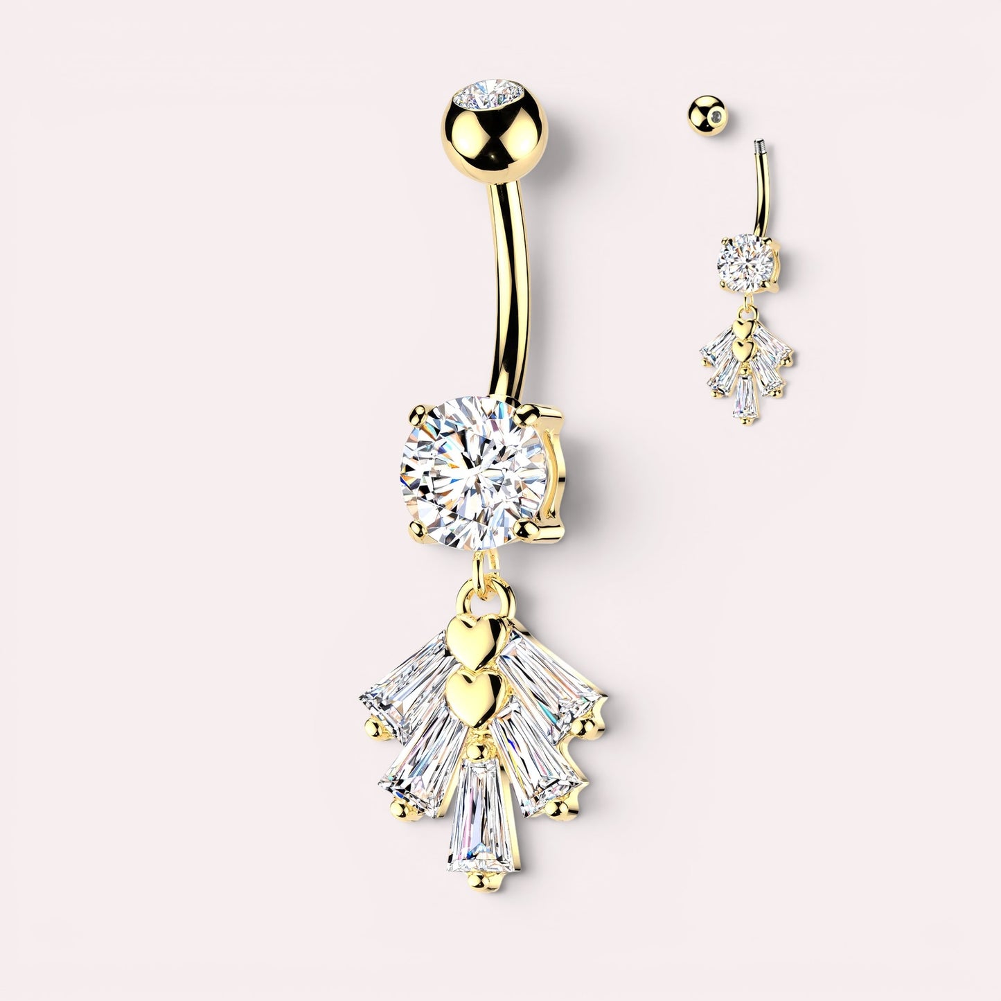 Gold-tone belly button ring with cubic zirconia gems and heart accents. Surgical stainless steel navel jewelry.