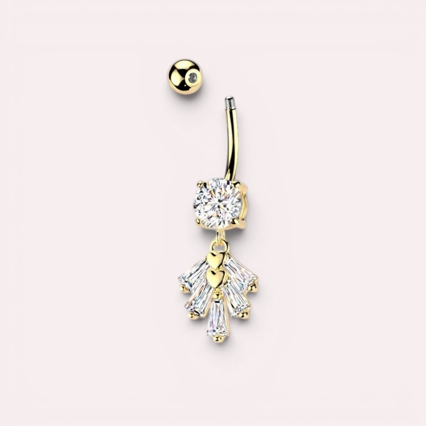 Gold-tone belly button ring with cubic zirconia gems and heart accents. Surgical stainless steel navel jewelry.