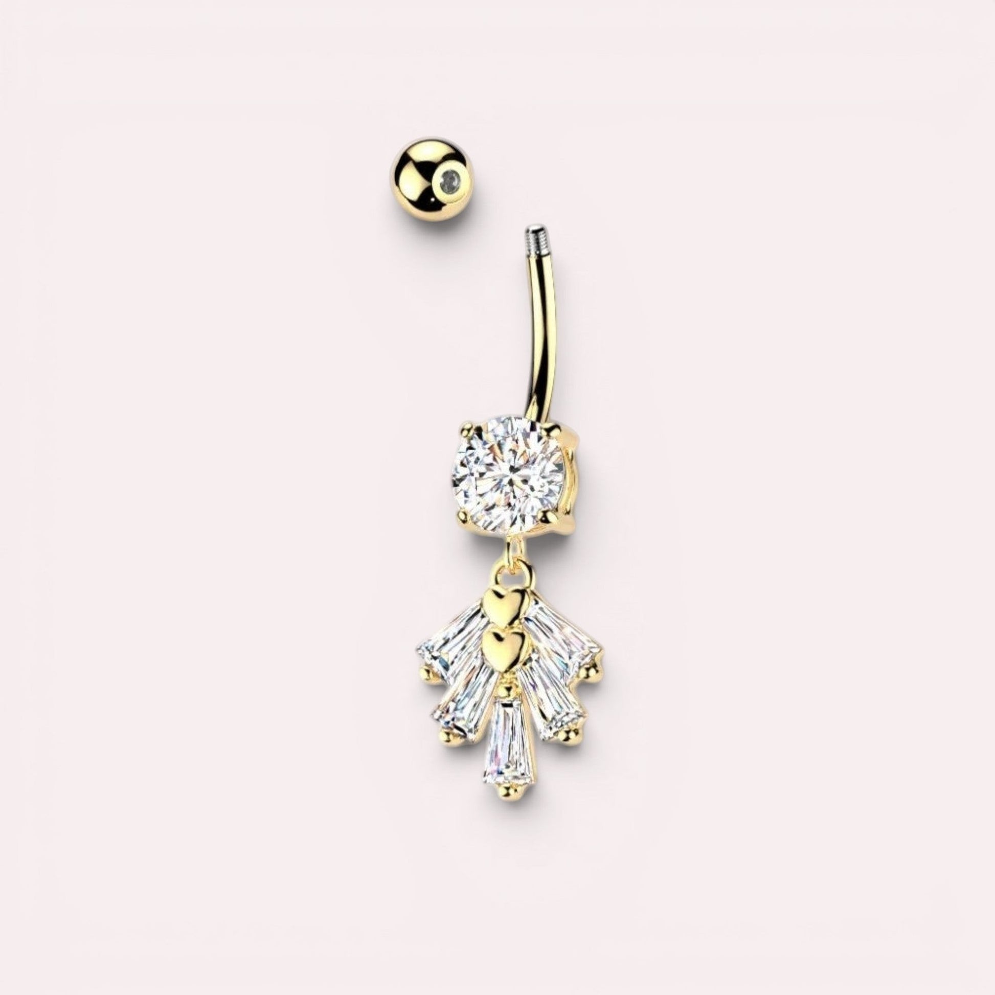 Gold-tone belly button ring with cubic zirconia gems and heart accents. Surgical stainless steel navel jewelry.