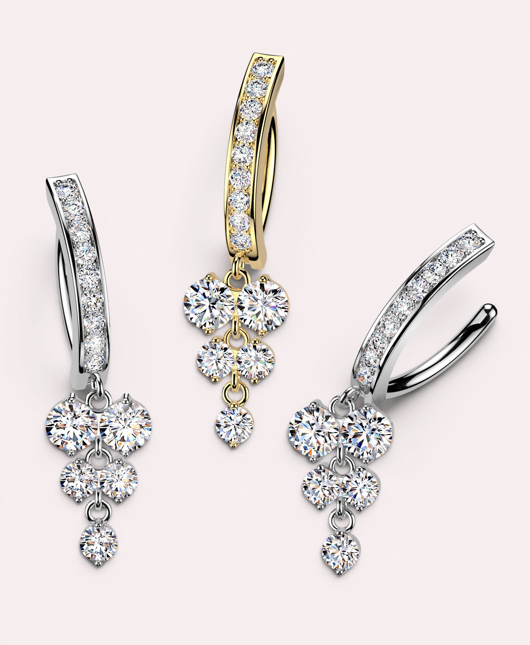 MKBodyJewelry 14k yellow gold belly button ring with a curved barbell adorned with cubic zirconia and a tiered dangle of five round gems.