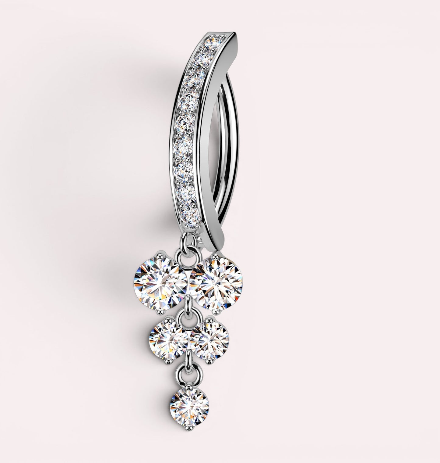 MKBodyJewelry 14k yellow gold belly button ring with a curved barbell adorned with cubic zirconia and a dangling cascade of five round gems.