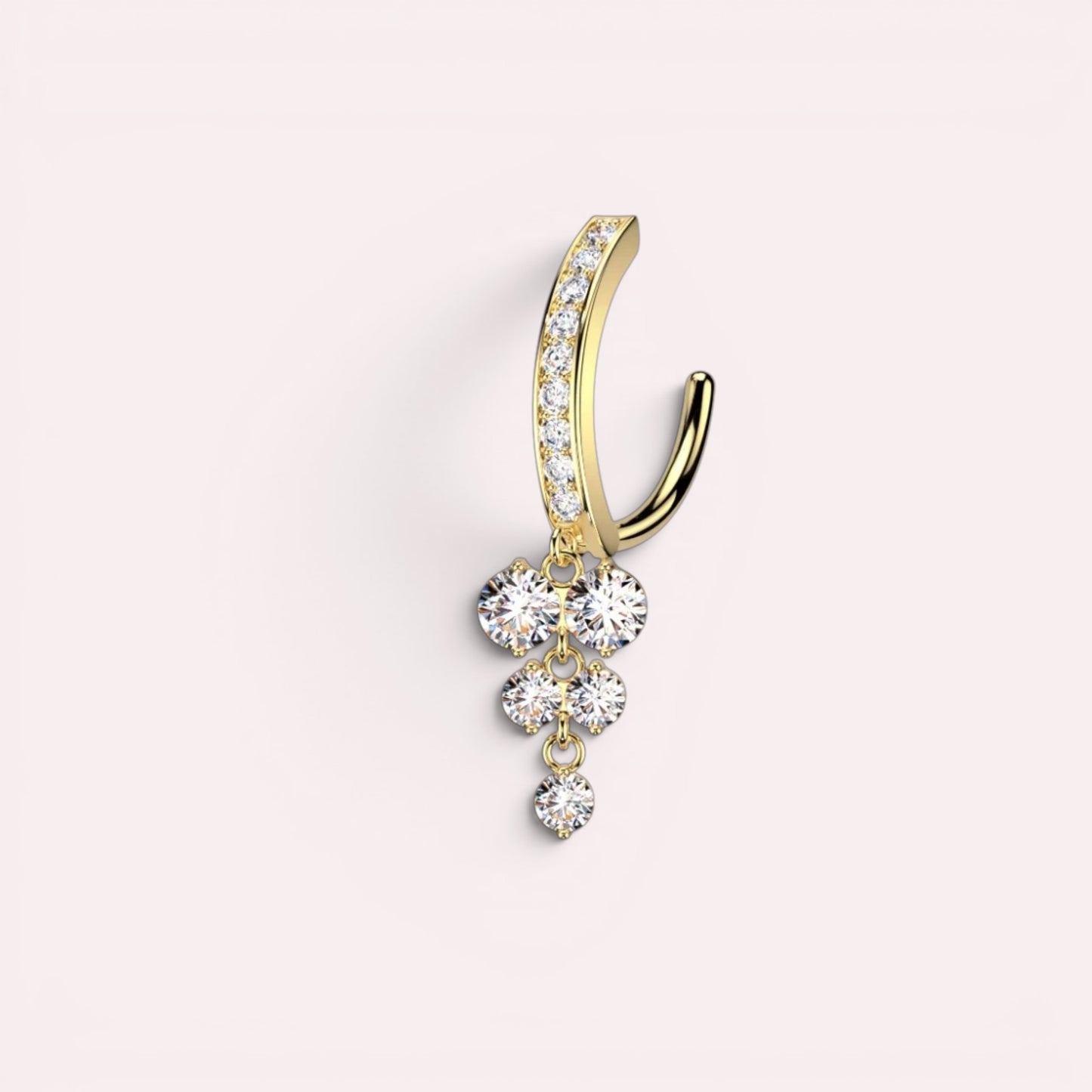 MKBodyJewelry 14k yellow gold belly button ring with a curved barbell adorned with cubic zirconia and a tiered dangle of five round gems.