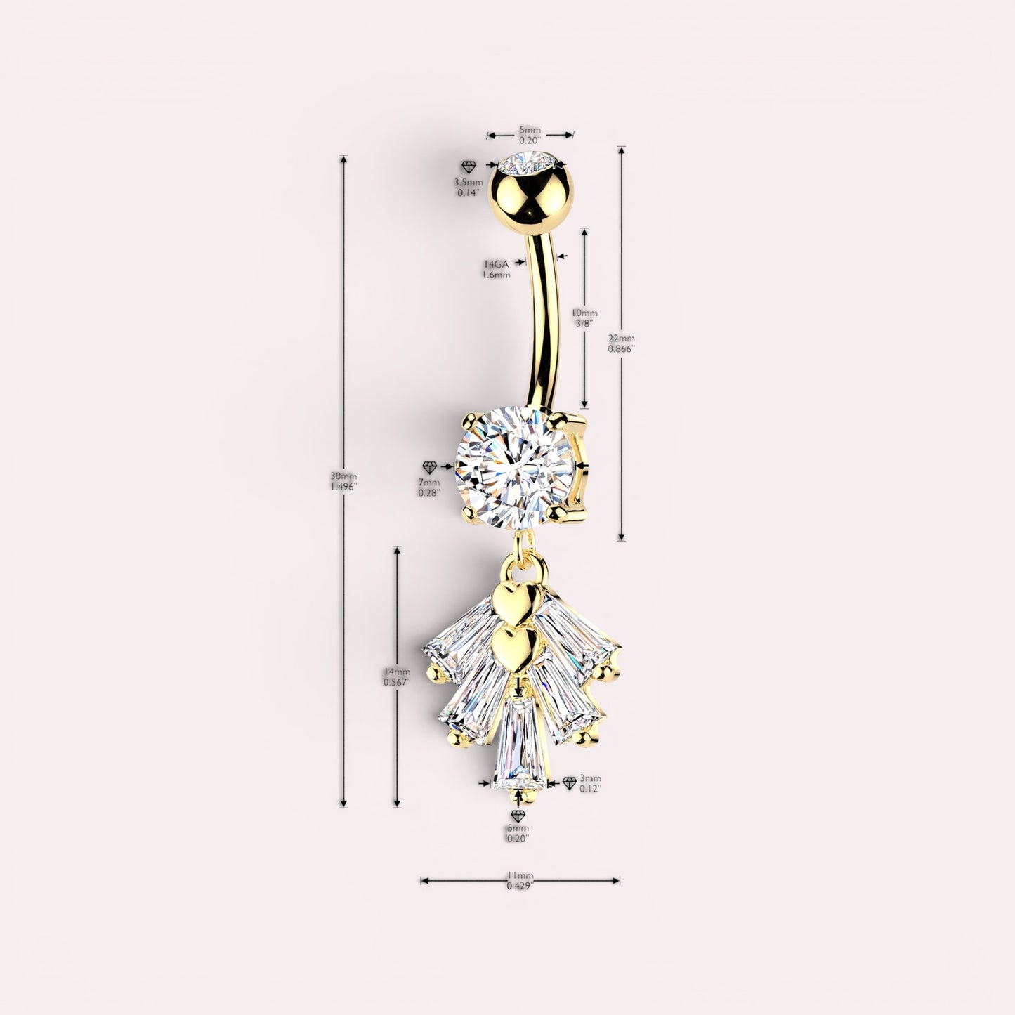 MKBodyJewelry gold-tone belly button ring with large cubic zirconia and dangling fan charm with baguette gems and hearts.