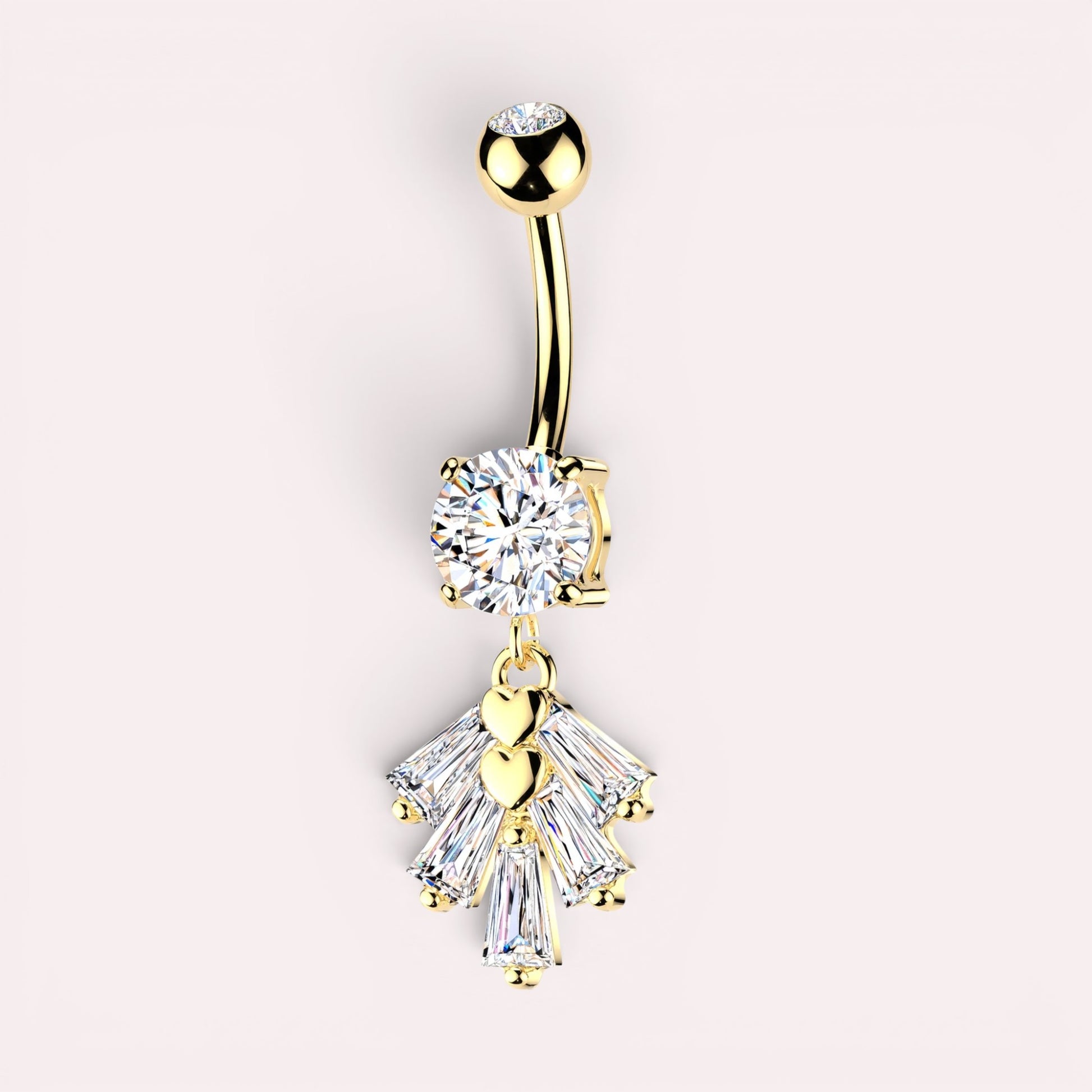 MKBodyJewelry gold-tone belly button ring with large cubic zirconia and dangling fan charm with baguette gems and hearts.