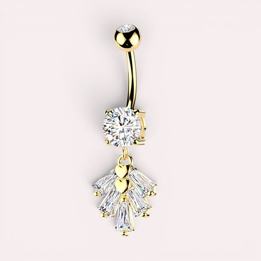 MKBodyJewelry gold-tone belly button ring with large cubic zirconia and dangling fan charm with baguette gems and hearts.