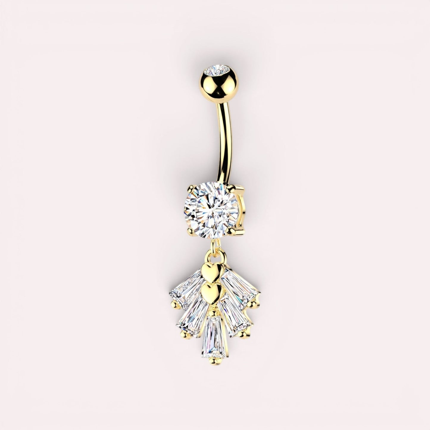 MKBodyJewelry gold-tone belly button ring with large cubic zirconia and dangling fan charm with baguette gems and hearts.