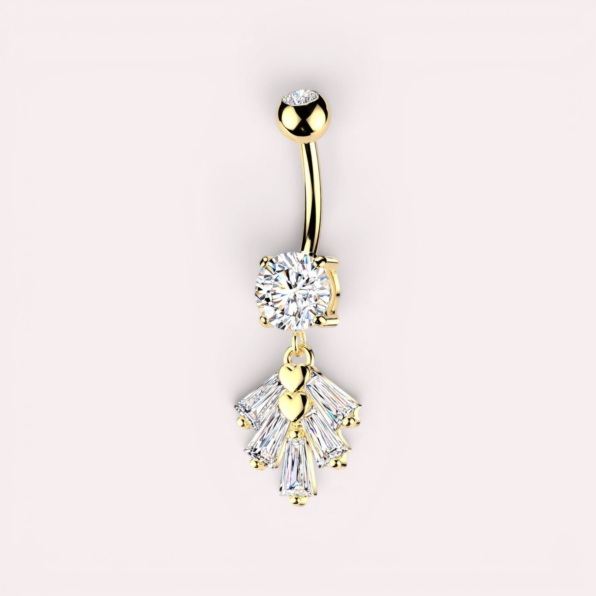 MKBodyJewelry gold-tone belly button ring with large cubic zirconia and dangling fan charm with baguette gems and hearts.