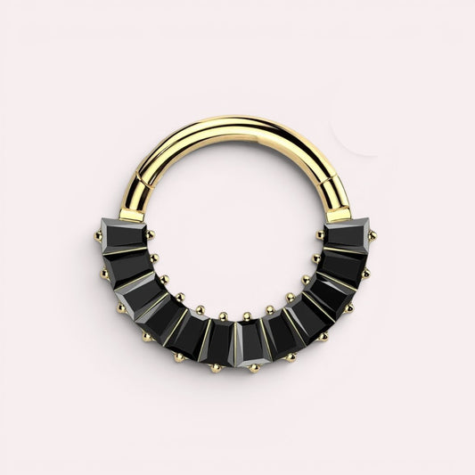 MKBodyJewelry gold hinged segment ring with black baguette-cut stones for septum, daith, or helix piercings.