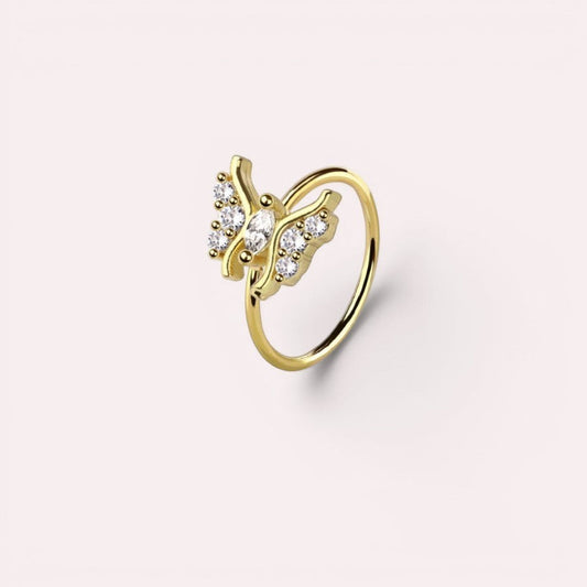 MKBodyJewelry gold butterfly nose hoop ring in surgical steel with clear crystal gems for cartilage piercing