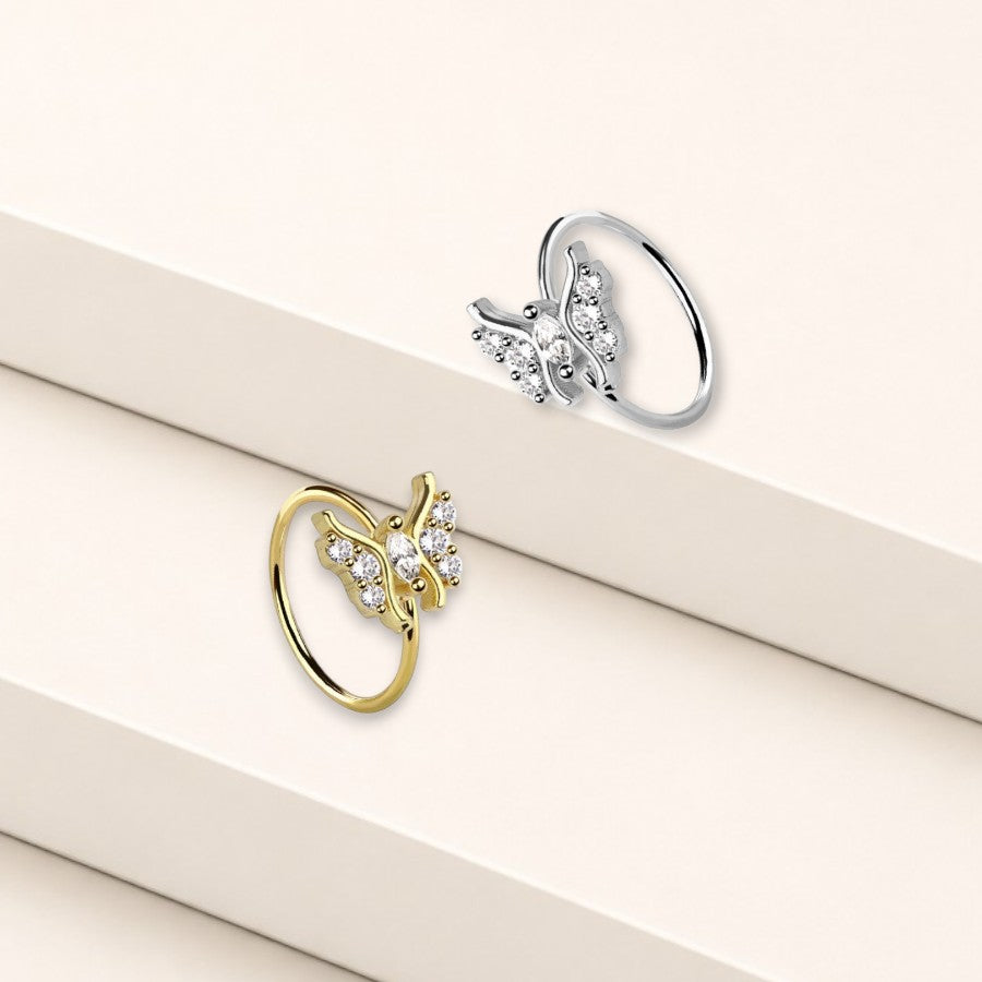 MKBodyJewelry gold butterfly nose hoop ring with clear crystal gems made of hypoallergenic surgical steel