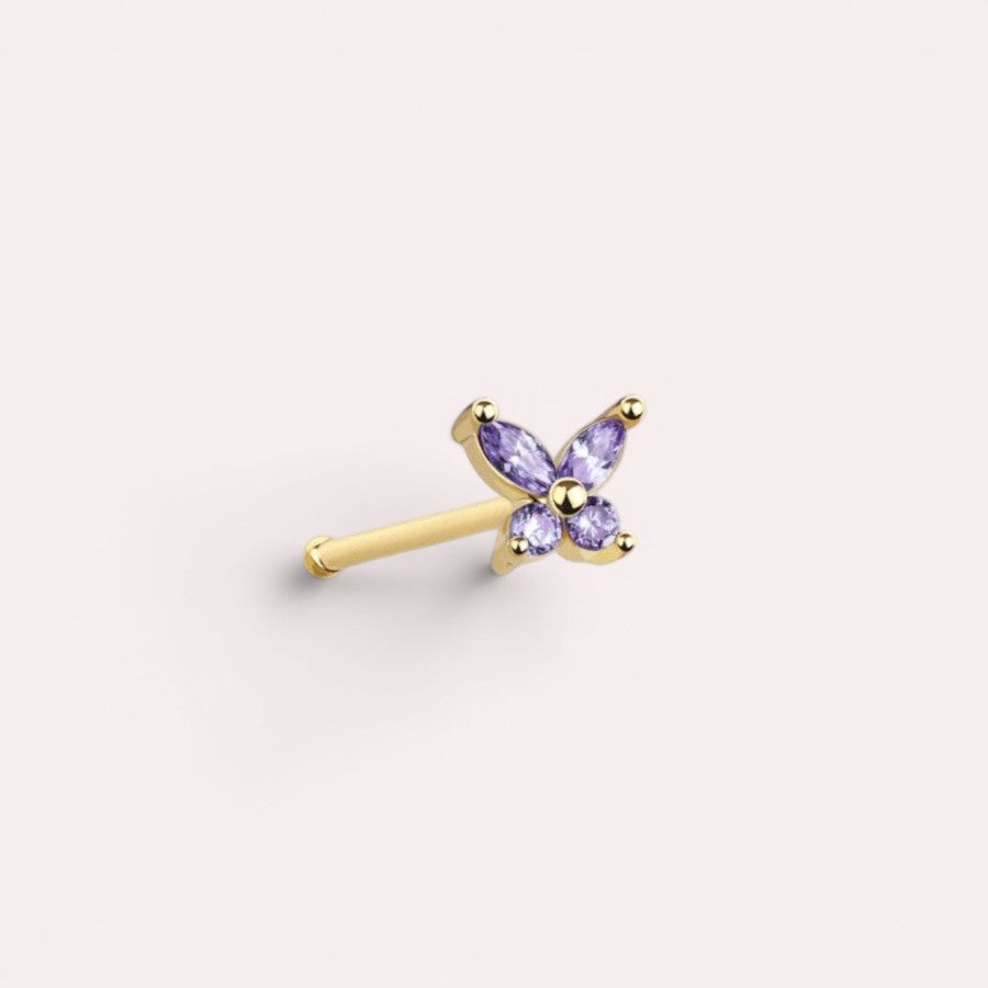 MKBodyJewelry dainty gold nose stud featuring a purple gemstone butterfly design for 20g nose piercings.