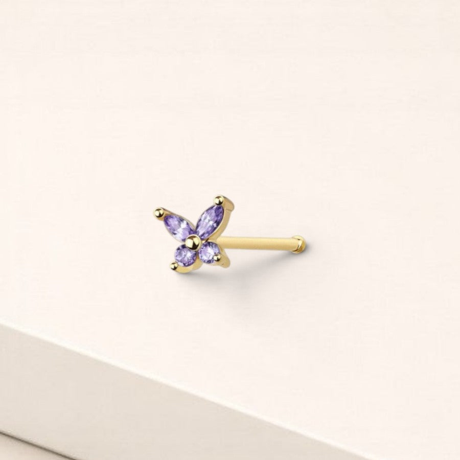 MKBodyJewelry dainty gold nose stud featuring a purple gemstone butterfly design for 20g nose piercings.