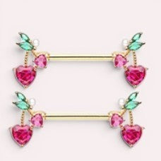 MKBodyJewelry gold cherry heart nipple barbell set with pink crystal hearts and green leaves in surgical steel.