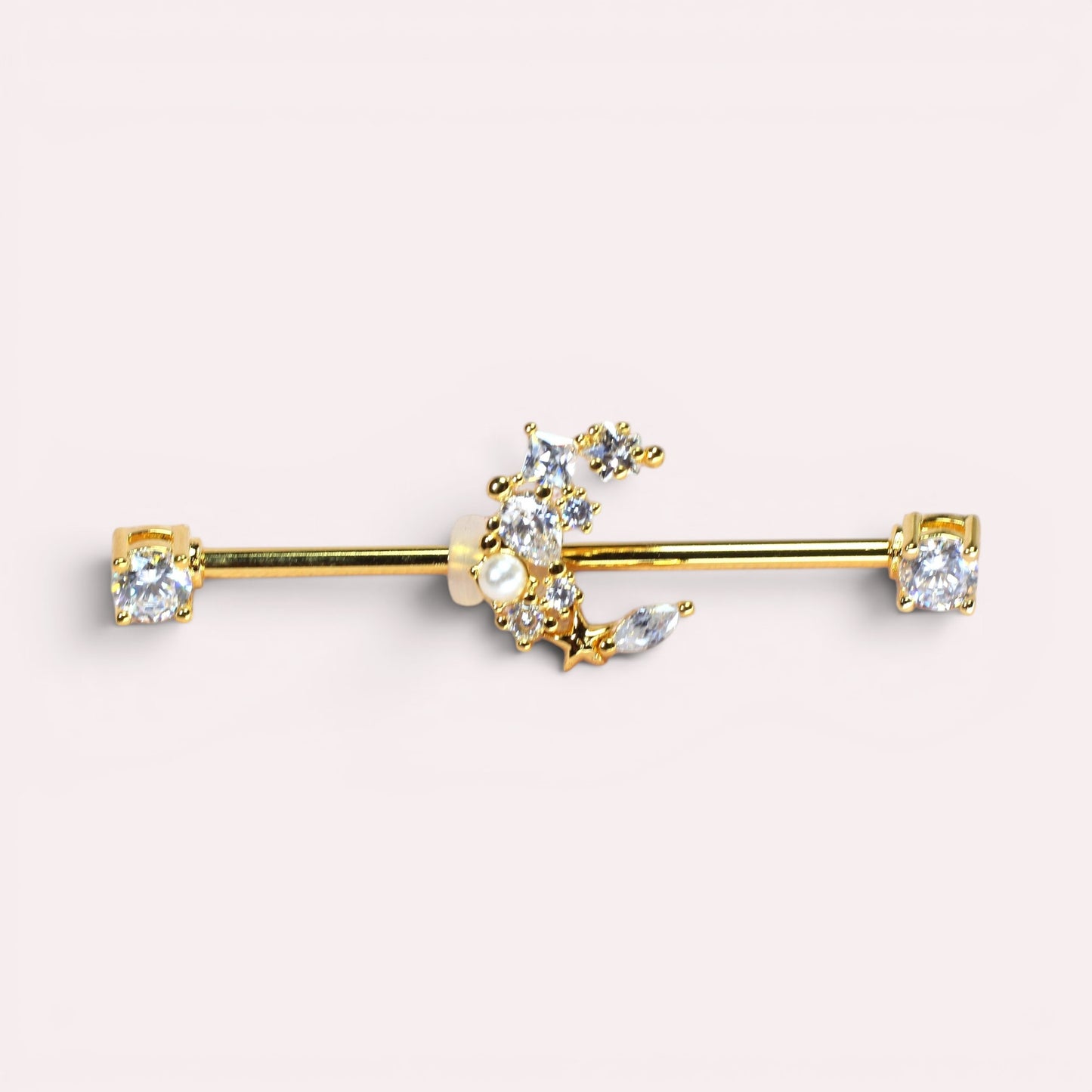 MKBodyJewelry gold crescent moon industrial barbell with clear cubic zirconia and pearl accents, 14G surgical steel.