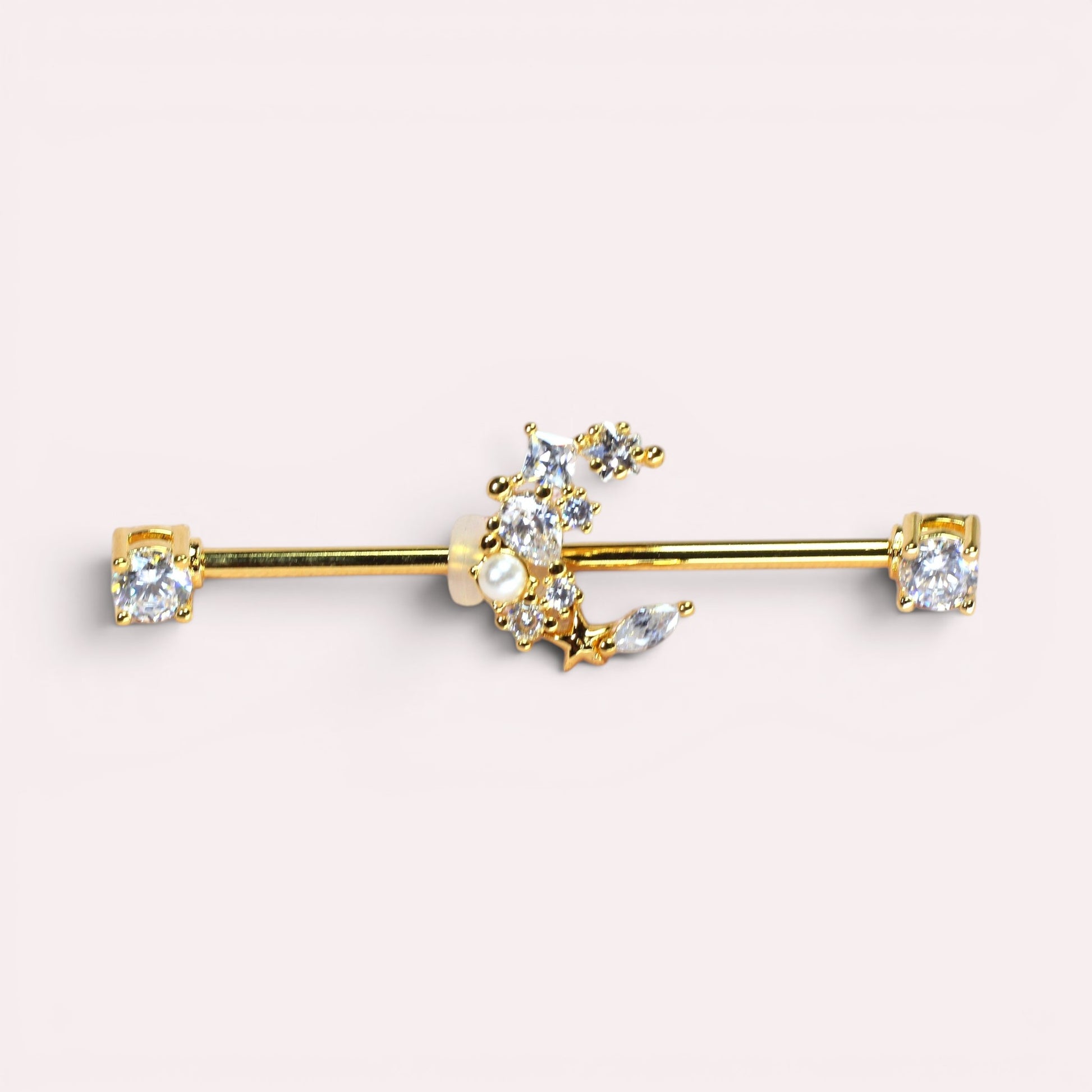 MKBodyJewelry gold crescent moon industrial barbell with clear cubic zirconia and pearl accents, 14G surgical steel.