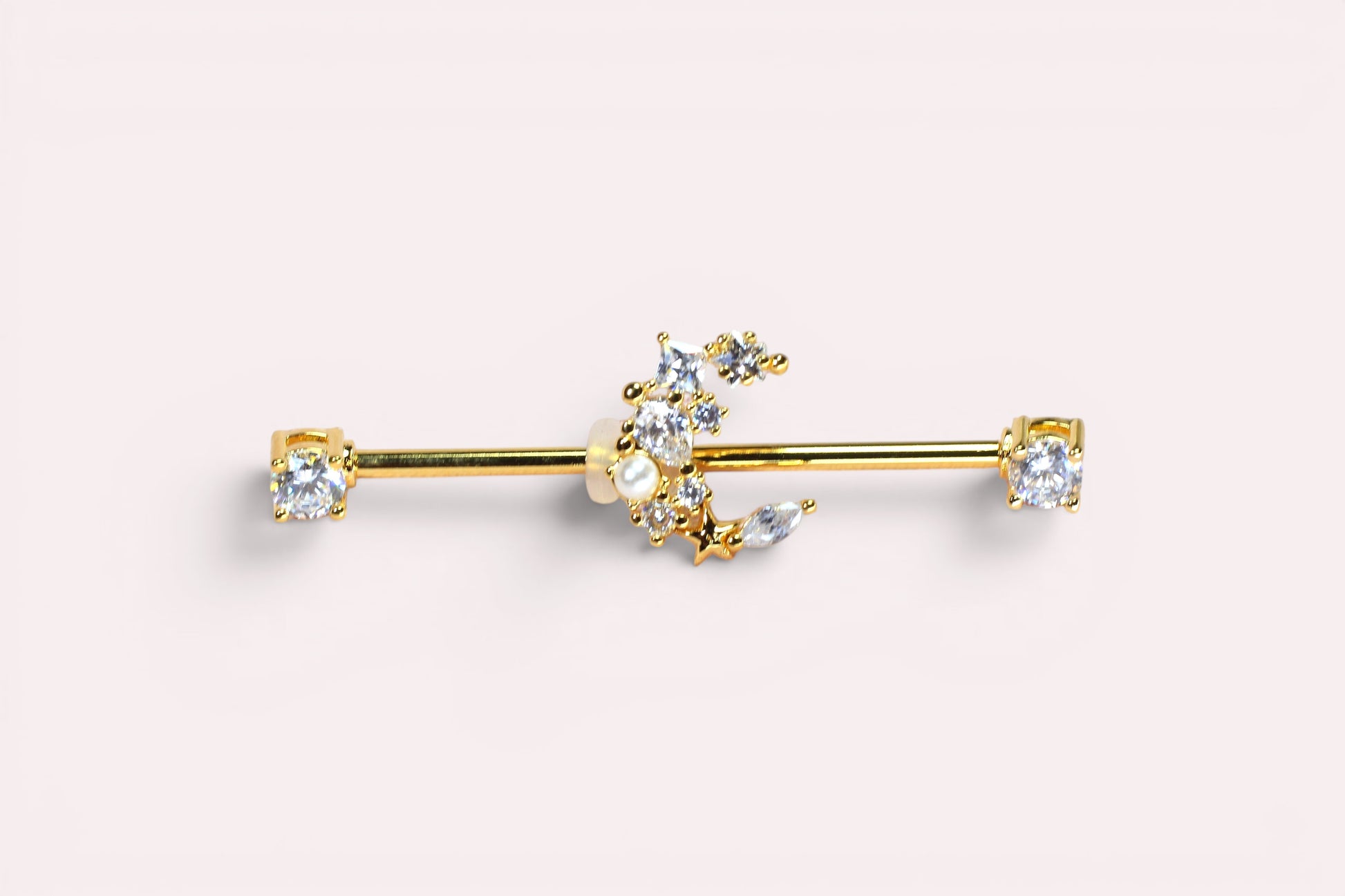 MKBodyJewelry gold crescent moon industrial barbell with clear cubic zirconia and pearl accents, 14G surgical steel.