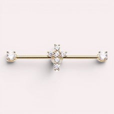 MKBodyJewelry 14G gold surgical steel industrial barbell with a sparkling Jesus cross charm and clear cubic zirconia ends.