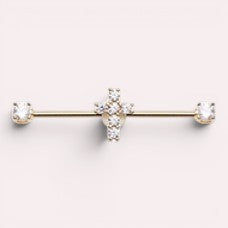 MKBodyJewelry 14G gold surgical steel industrial barbell with a dainty sparkling Jesus cross charm and clear cubic zirconia ends.