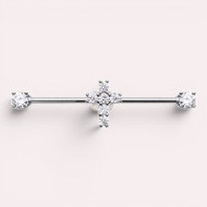 MKBodyJewelry 14G surgical steel industrial barbell with sparkling cubic zirconia Jesus cross charm and clear end gems.