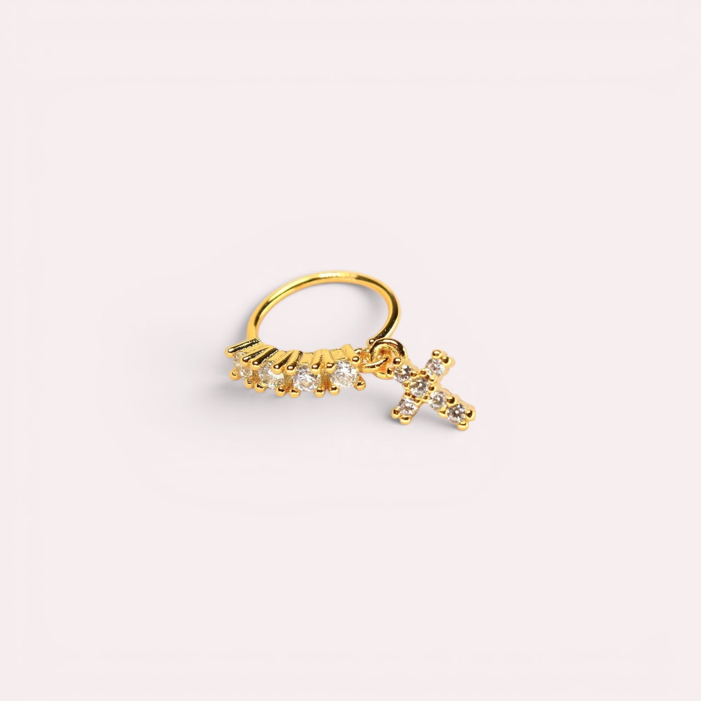 MKBodyJewelry 20g gold surgical steel nose hoop with dangling CZ cross charm and crystal accents