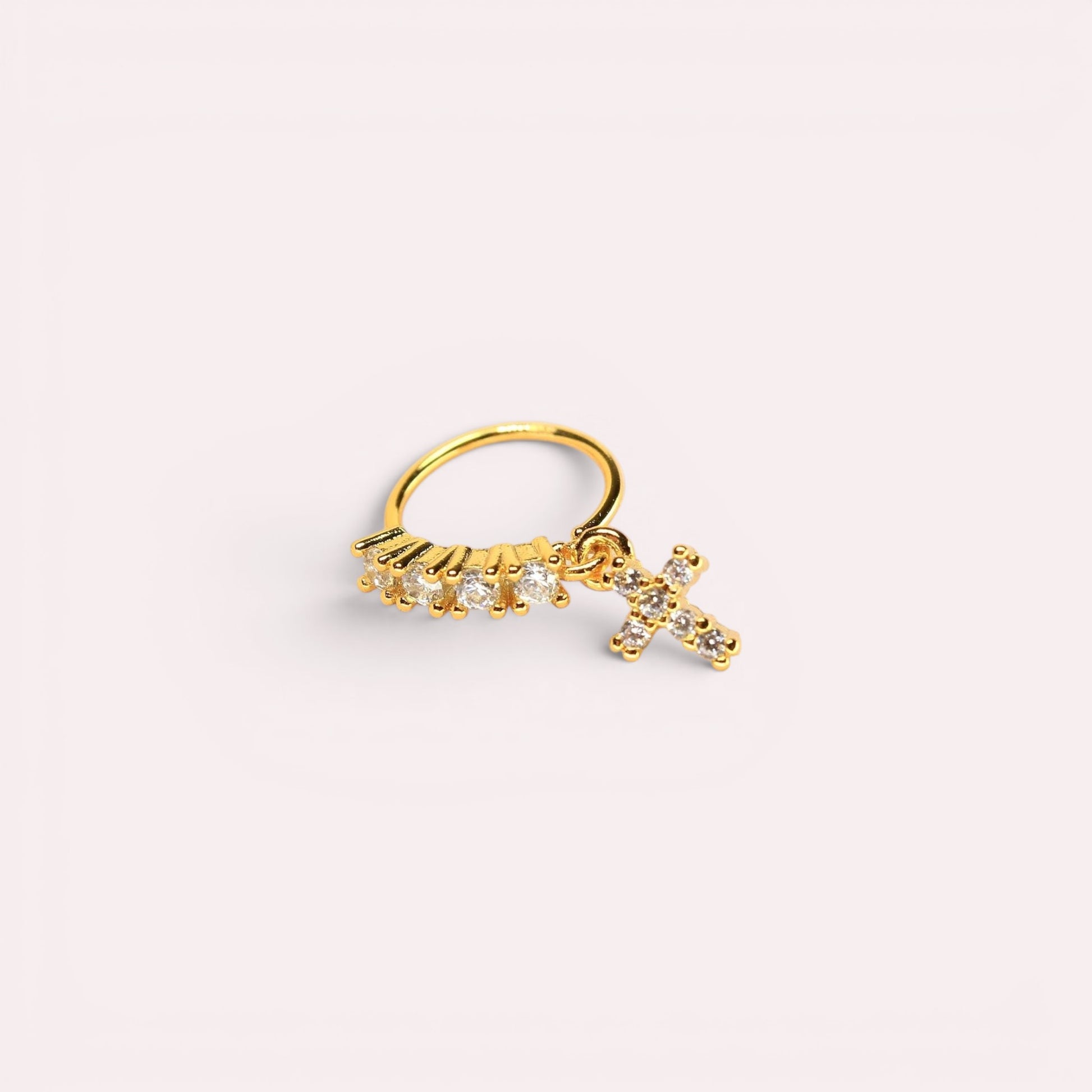 MKBodyJewelry 20g gold surgical steel nose hoop with dangling CZ cross charm and crystal accents