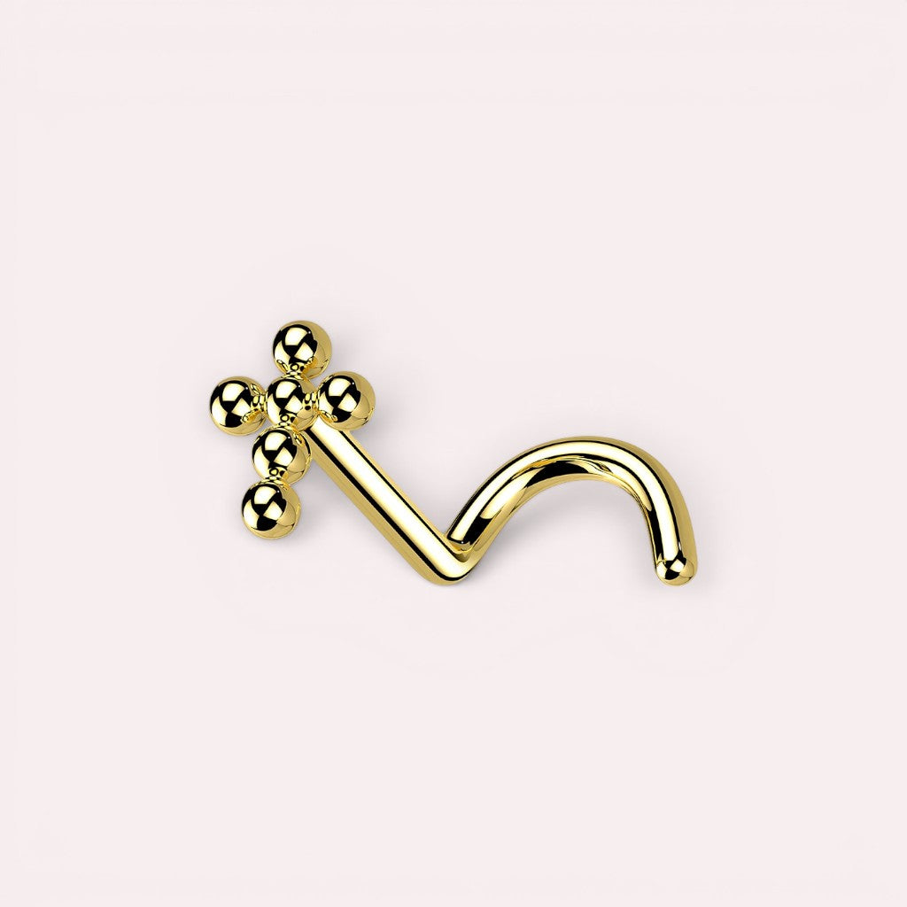 MKBodyJewelry gold beaded cross corkscrew nose stud made of implant grade titanium for minimalist body piercing