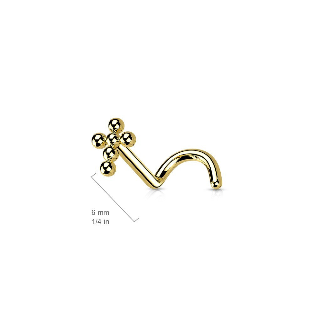 MKBodyJewelry gold titanium beaded cross nose stud with an S-shaped corkscrew post for a secure fit.